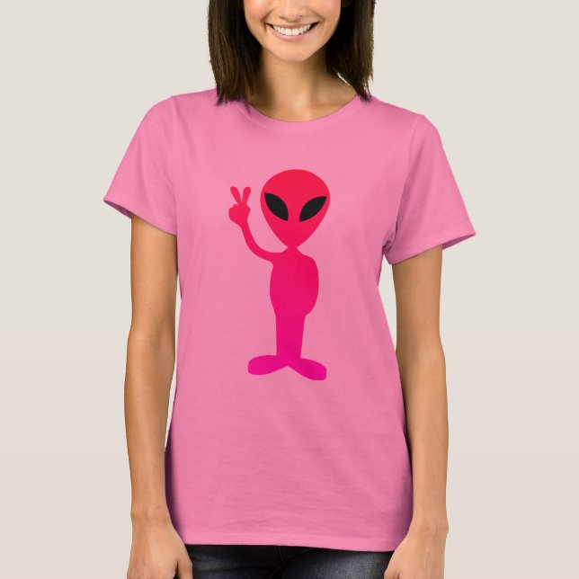 Heiß rosa Alien auf schwarzem T - Shirt (Vorderseite)