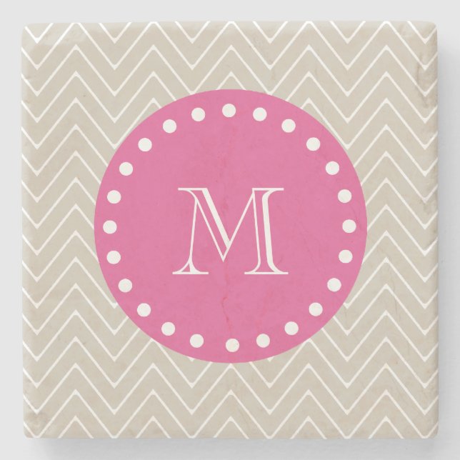 Heiß rosa, Beige Zickzack | Ihr Monogramm Steinuntersetzer (Vorderseite)