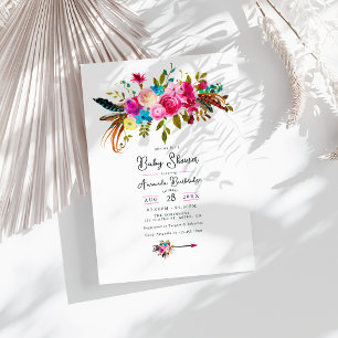 Heiß-rosa Boho-Chic-Floral-Baby-Party Einladung