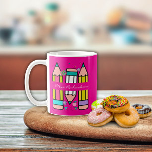Heiß rosa bunter Lehrer Name Bleistift Cartoon  Kaffeetasse
