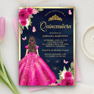 Heiß rosa florale Butterfly Navy Gold Quinceanera Einladung