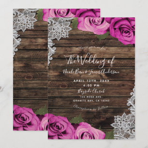 Heiß Rosa Florale Rosen Rustikale Holz- und Spitze Einladung