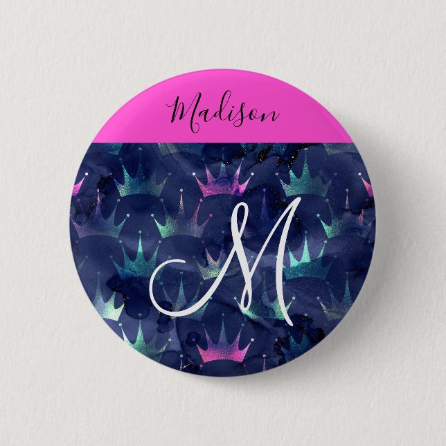 Heiß rosa Glitter Funken Meerjungfrau Kronen Monog Button (Vorderseite)