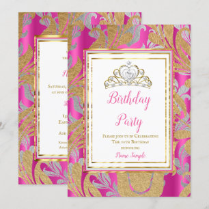 Heiß Rosa Gold Damast Grau Tiara Geburtstagsfeier Einladung