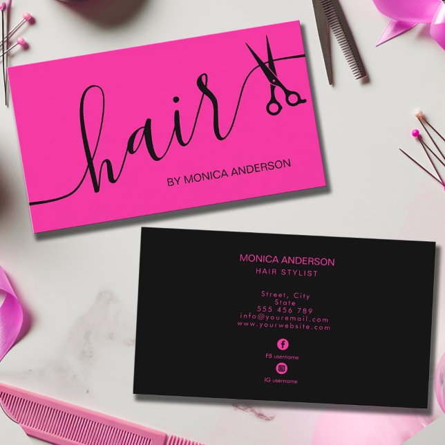 Heiß Rosa Haar Script Stylist Schere Personalisier Visitenkarte (Hot Pink Hair Script Stylist Scissors Personalized Business Card)