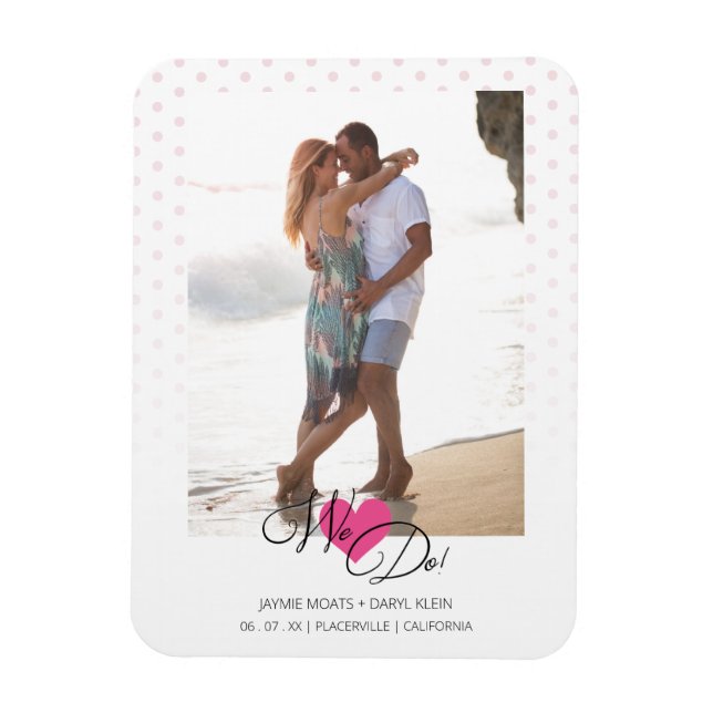 Heiß rosa Herz machen wir Polka Dots Foto Hochzeit Magnet (Vertikal)