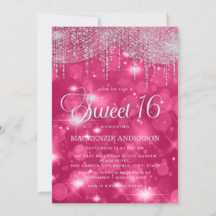 Heiß rosa Lichterkette funkelt Sweet 16 Einladung