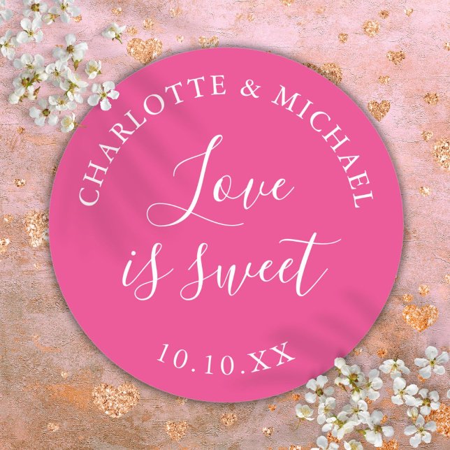 Heiß rosa Liebe ist süße Gastgeschenk Hochzeit Runder Aufkleber (Hot Pink Love Is Sweet Wedding Favor Classic Round Sticker)
