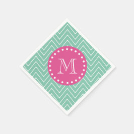 Heiß rosa, minzgrün Zickzack | Ihr Monogramm Serviette