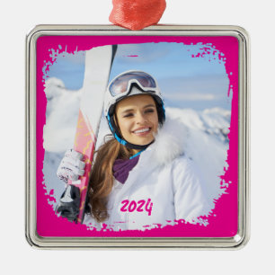 Heiß Rosa Moderne Grunge-Rahmen Foto Jahr Ornament Aus Metall