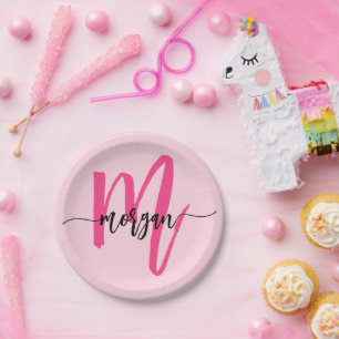 Heiß Rosa Moderne Schriftart Weibliches Monogramm Pappteller