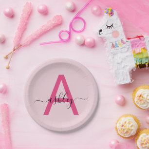 Heiß Rosa Moderne Schriftart Weibliches Monogramm  Pappteller