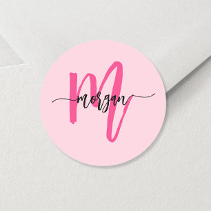 Heiß Rosa Moderne Schriftart Weibliches Monogramm Runder Aufkleber