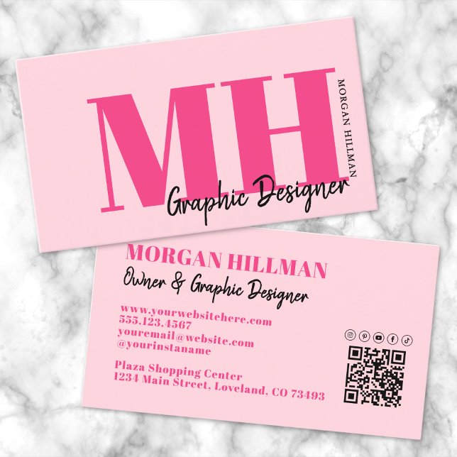 Heiß Rosa Moderner QR-Code Monogramm Visitenkarte (Hot Pink Modern QR Code Monogram Business Card)