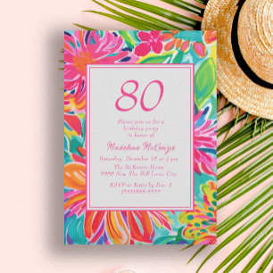 Heiß rosa orange Aquarellblumen 80. Geburtstag Einladung