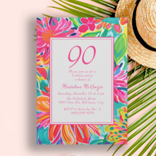 Heiß rosa orange Aquarellblumen 90. Geburtstag Einladung