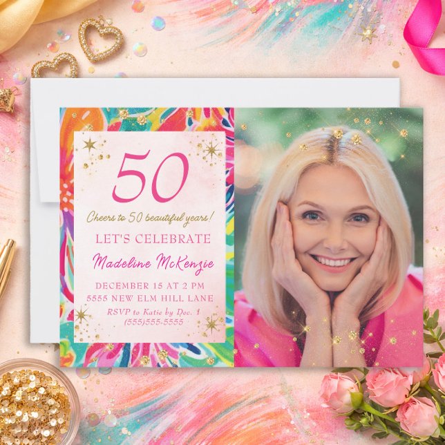 Heiß Rosa Orange Blumen Gold Glitter Foto 50. Einladung (Hot pink and orange 50th birthday photo invitation)