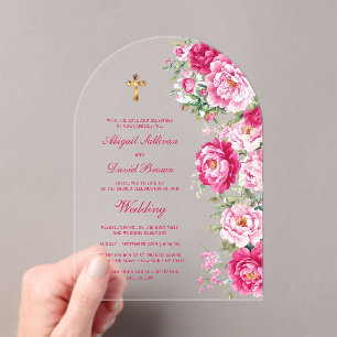 Heiß rosa Pfingstrosenbogen religiöse Hochzeit Acryleinladungen