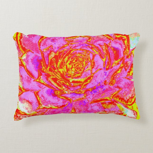 Heiß rosa, rot und gelb Sukkulat-Rosette Dekokissen (Vorderseite)