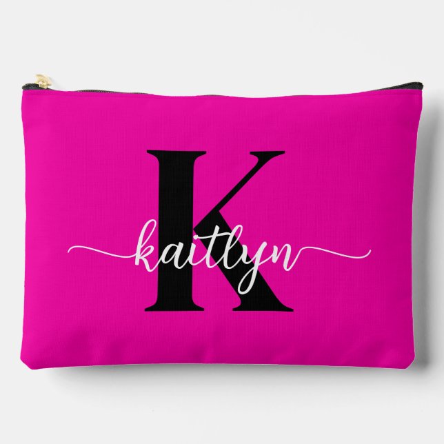 Heiß rosa Schwarz Monogramm Zubehörtasche (Vorderseite)