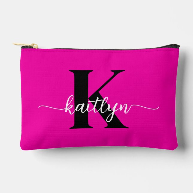 Heiß rosa Schwarz Monogramm Zubehörtasche (Vorderseite)