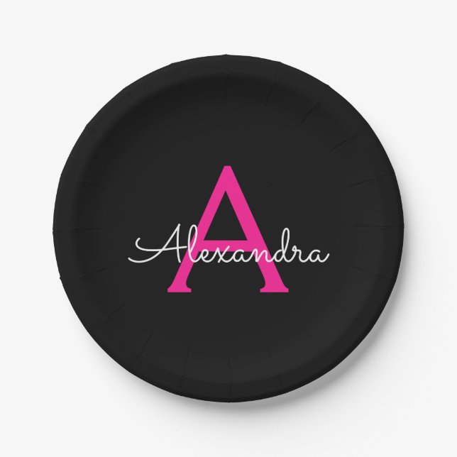 Heiß rosa schwarze Schrift Mädchen-Monogramm-Name Pappteller (Vorderseite)