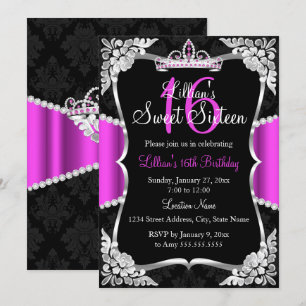 Heiß Rosa Silber Schwarz Tiara Sweet 16 Einladung