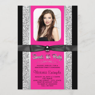 Heiß rosa silberner Glitter Sweet 16 Party Einladung
