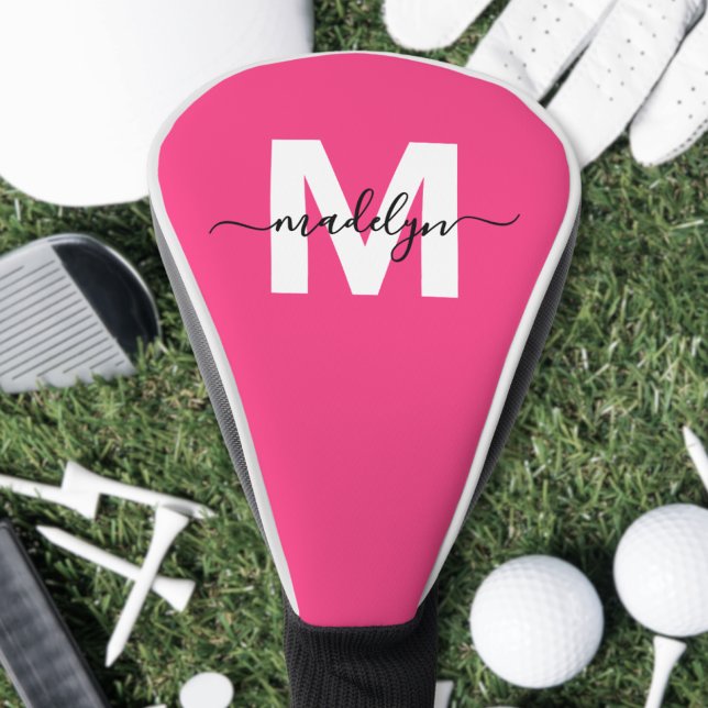 Heiß Rosa Skript Monogrammiert Golf Headcover (Personalized Pink Monogram Name Golf Head Cover )