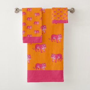Heiß rosa Tiger auf feinem Orange Boho Muster Badhandtuch Set