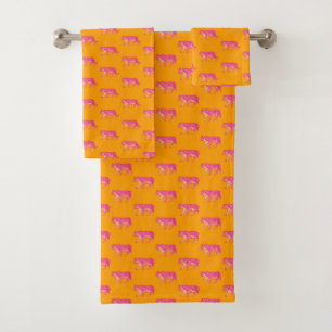 Heiß rosa Tiger auf feinem Orange Boho Muster Badhandtuch Set