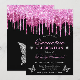 Heiß rosa tropfendes Glitter-Quinceanera Einladung