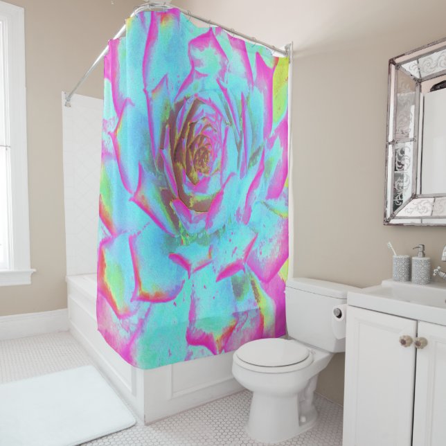 Heiß rosa und blau-sukkulente Sedum-Rosette Duschvorhang (Beispiel)