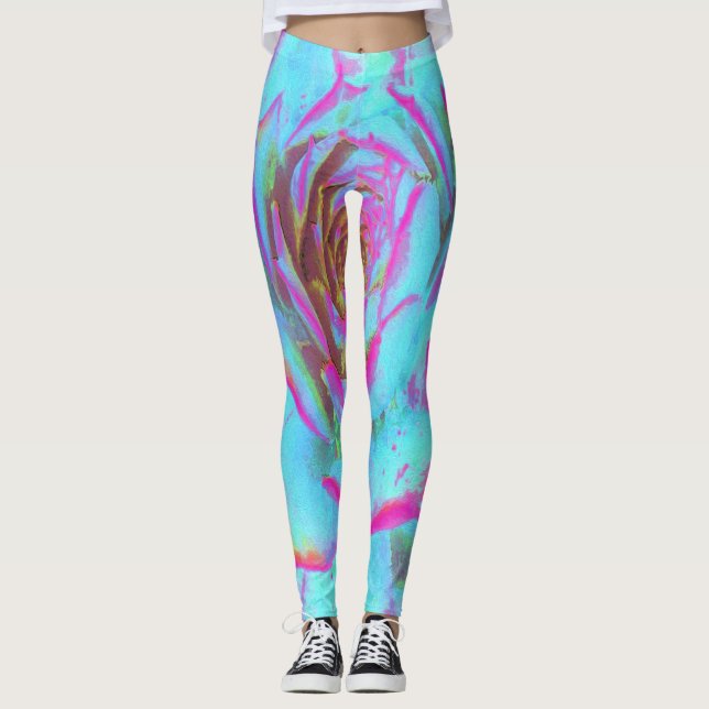 Heiß rosa und blau-sukkulente Sedum-Rosette Leggings (Vorderseite)