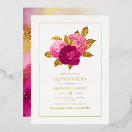 Heiß rosa und goldene, florale Quinceñera Folieneinladung