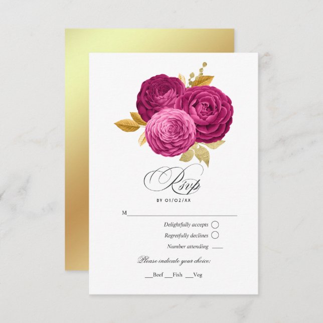 Heiß rosa und goldene, florale Quinceñera RSVP Karte (Vorne/Hinten)