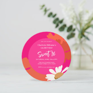 Heiß rosa und orange florale Sechzehn Geburtstagsp Einladung