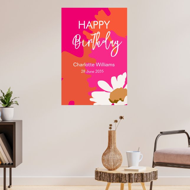 Heiß rosa und orangefarbenes Blütenfrass Geburtsta Poster (Wohnzimmer 3)