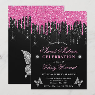 Heiß Rosa und Schwarzer tropfender Glitter Sweet 1 Einladung