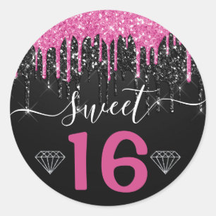 Heiß Rosa und Schwarzes tropfendes Glitter Sweet 1 Runder Aufkleber