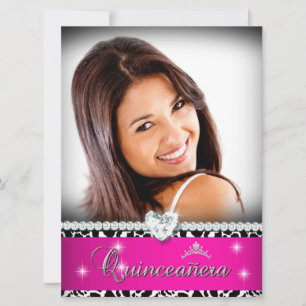 Heiß Rosa Weiße Quinceanera 15 Diamant Bild Foto Einladung