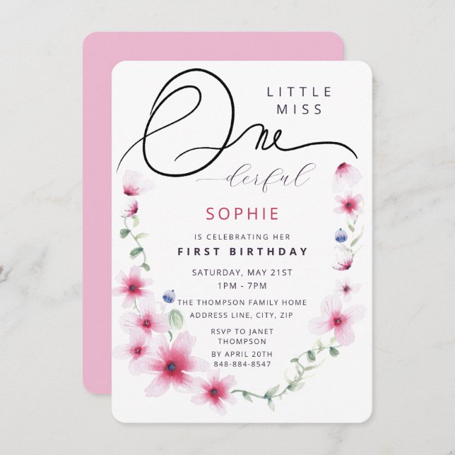 Heiß rosa Wildblumen Wreath Ein-Derful Girl Party Einladung (Vorne/Hinten)