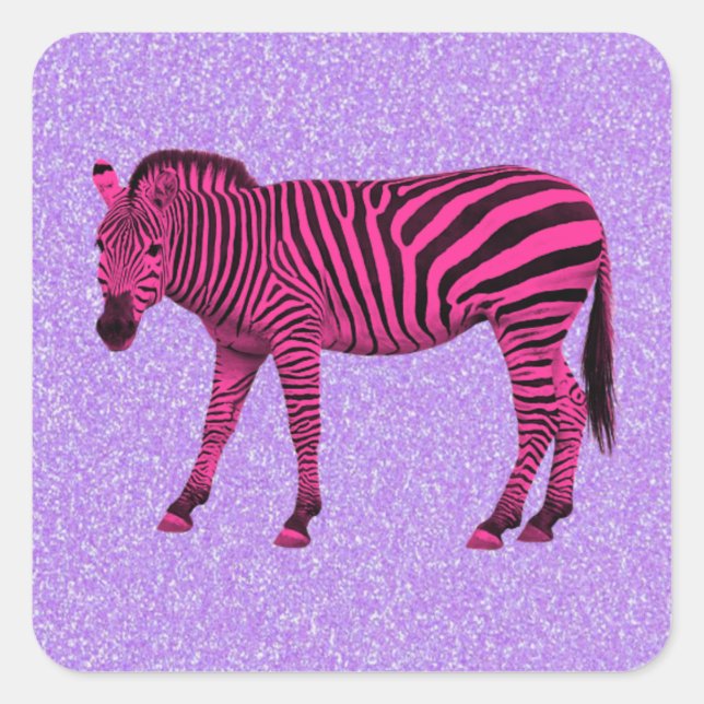 Heiß rosa Zebra auf Lila Glitzern Quadratischer Aufkleber (Vorderseite)