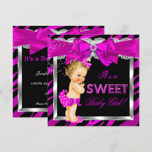 Heiß rosa Zebra-Baby-Party Mädchen Blondes Baby Einladung