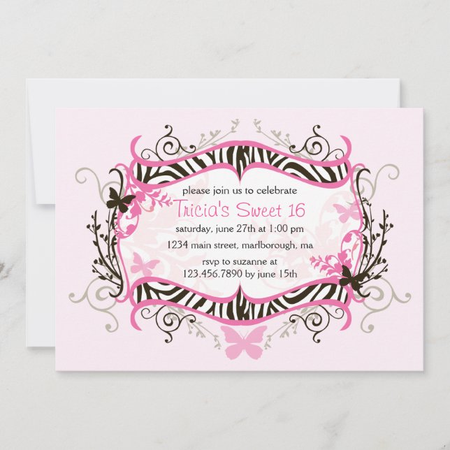 Heiß rosa Zebra Süß 16 Einladung (Vorderseite)