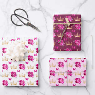 Heiße rosa Blumen und goldene Kronen Geschenkpapier Set