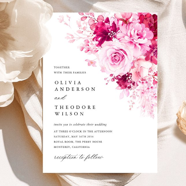 Heiße rosa Blumenhochzeit Einladung (Hot Pink Floral Wedding Invitation, Fuchsia Rose Watercolor Wedding Invite, Romantic Garden Wedding)