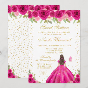 Heiße Rosa Braunhaarige Prinzessin Sweet Sixteen Einladung
