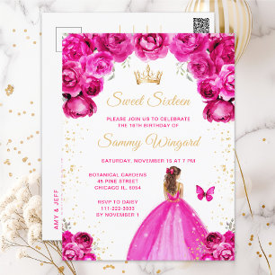 Heiße rosa braunhaarige Prinzessin Sweet Sixteen Postkarte