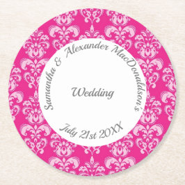 Heiße rosa Damastenhochzeit Runder Pappuntersetzer